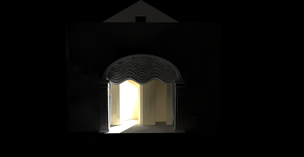 Rendered image for the Full Hour-Glass 3D model of the Abbey theatre Stage with two lights applied(2) - using Kerkythea