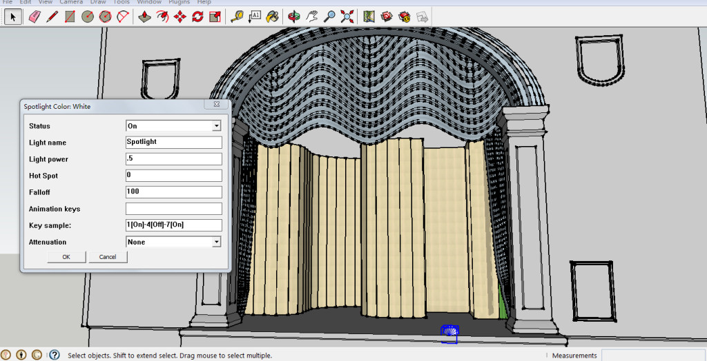 Intensity of the front-light in the Full Hour-Glass 3D model of the Abbey theatre Stage - using Kerkythea Sketchup plug-in
